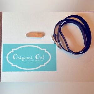 Origami Owl black leather wrap bracelet with silver  “just breathe” plate.